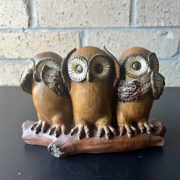 Vintage 3 Wise Owls See No Evil Hear No Evil Speak No Evil Branch Resin 1970s - Picture 1 of 16